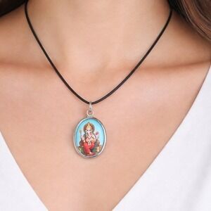 Vintage Ganesha Pendant Necklace Black Cord Hindu Deity Charm